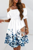 Blue White Fashion Sweet Print Patchwork Fold Off the Shoulder A Line Dresses