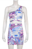 Purple Fashion Sexy Print Hollowed Out Backless One Shoulder Sleeveless Two Pieces