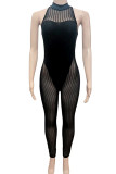 Black Fashion Sexy Patchwork See-through Half A Turtleneck Skinny Jumpsuits