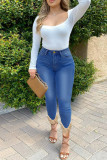 Medium Blue Fashion Casual Patchwork Tassel High Waist Skinny Denim Jeans