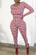 Burgundy Casual Plaid Print Patchwork O Neck Long Sleeve Two Pieces