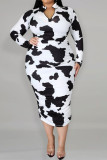 Black White Sexy Print Hollowed Out O Neck Straight Plus Size 