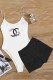 Black Pink Fashion Sexy Print Letter Spaghetti Strap Sleeveless Two Pieces