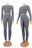 Blue Casual Plaid Print Patchwork O Neck Long Sleeve Two Pieces