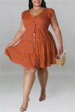 Coffee Fashion Casual Plus Size Solid Patchwork V Neck Sleeveless Dress