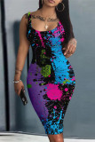 Multicolor Fashion Sexy Print Basic U Neck Vest Dress