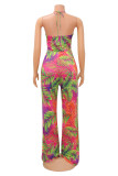 Pink Fashion Sexy Print Bandage Hollowed Out Backless Strapless Regular Jumpsuits