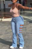 Baby Blue Fashion Casual Solid Ripped Hollowed Out High Waist Skinny Denim Jeans