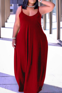 Burgundy Sexy Casual Plus Size Solid Backless Spaghetti Strap Long Dress
