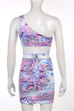 Purple Fashion Sexy Print Hollowed Out Backless One Shoulder Sleeveless Two Pieces