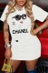 Black Fashion Casual Print Letter O Neck One Step Skirt Dresses