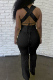 Yellow Sexy Solid Bandage Patchwork Frenulum Halter Sleeveless Two Pieces