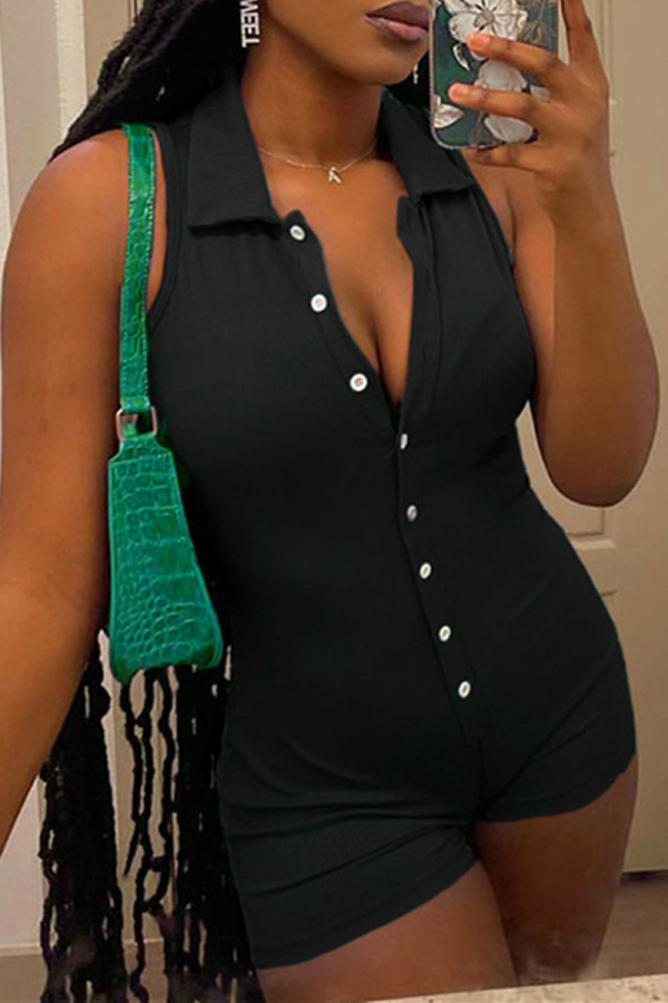 Black Fashion Casual Solid Patchwork Turndown Collar Skinny Romper