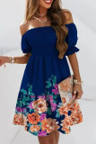 Blue Pink Fashion Sweet Print Patchwork Fold Off the Shoulder A Line Dresses