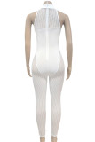 White Fashion Sexy Patchwork See-through Half A Turtleneck Skinny Jumpsuits
