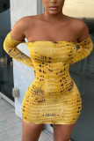 Yellow Sexy Print Bateau Neck Wrapped Skirt Dresses