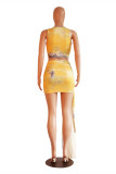 Yellow Sexy Casual Print Tie Dye Patchwork O Neck Sleeveless Two Pieces