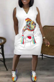 White Black Fashion Casual Print Patchwork V Neck Sleeveless Plus Size Dress