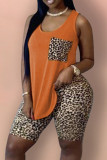 Black Fashion Casual Leopard Printing U Neck Plus Size Two Pieces