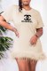 Khaki Fashion Sexy Print Feathers Letter O Neck One Step Skirt Dresses