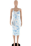 Blue Sexy Print Patchwork Spaghetti Strap One Step Skirt Dresses