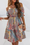 White Fashion Sweet Print Patchwork Fold Off the Shoulder A Line Dresses