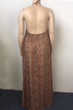 Brown Fashion Plus Size Print Leopard Backless Halter Sleeveless Dress (Without Belt)
