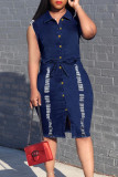 Rose Red Fashion Casual Solid Basic Turndown Collar Denim Dress