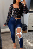 Medium Blue Fashion Casual Solid Ripped Hollowed Out Patchwork High Waist Skinny Denim Jeans