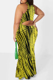 Green Fashion Sexy Print Hollowed Out O Neck Sleeveless Dress Plus Size Dresses
