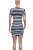 Fluorescent Yellow Casual Striped Print Patchwork O Neck Straight Dresses