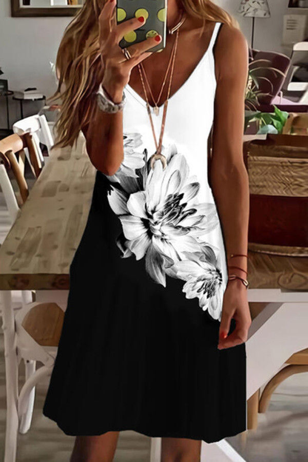 White Black Sexy Casual Print Backless V Neck Sling Dress