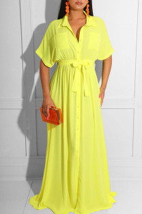 Yellow Casual Solid Patchwork Buckle Turndown Collar Straight Dresses