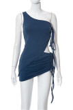 Navy Blue Fashion Sexy Solid Draw String Frenulum Backless Asymmetrical Oblique Collar Sleeveless Two Pieces