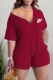 Burgundy Fashion Casual Print Patchwork V Neck Rompers