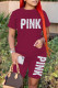 Burgundy Fashion Casual Letter Print Patchwork O Neck Short Sleeve Two Pieces