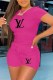 Rose Red Fashion Sportswear Print Letter O Neck Short Sleeve Two Pieces