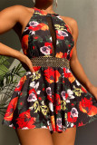 Rose Red Fashion Sexy Print Patchwork Backless Swimwears (With Paddings)