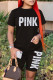 Black Fashion Casual Letter Print Patchwork O Neck Short Sleeve Two Pieces