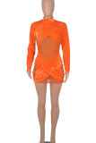 Tangerine Red Sexy Solid Patchwork See-through Half A Turtleneck Pencil Skirt Dresses