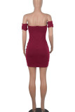 Burgundy Sexy Solid Patchwork Fold Off the Shoulder Pencil Skirt Dresses