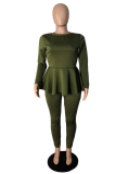 Green Casual Solid Patchwork Flounce Cross Straps O Neck Long Sleeve Two Pieces
