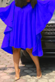 Blue Fashion Solid Flounce O Neck Cake Skirt Dresses