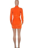 Tangerine Red Sexy Solid Patchwork See-through Half A Turtleneck Pencil Skirt Dresses