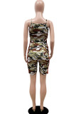 Army Green Sexy Print Camouflage Print Patchwork Spaghetti Strap Sleeveless Two Pieces