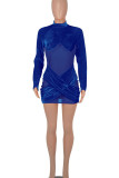 Blue Sexy Solid Patchwork See-through Half A Turtleneck Pencil Skirt Dresses