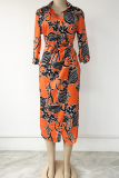 Orange Casual Print Patchwork Turndown Collar Shirt Dress Plus Size Dresses