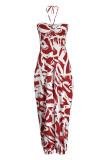 Red Fashion Sexy Casual Print Backless Strapless Regular Jumpsuits
