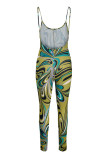Yellow Fashion Sexy Print Backless Spaghetti Strap Skinny Jumpsuits