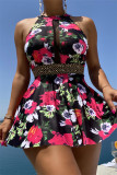 Rose Red Fashion Sexy Print Patchwork Backless Swimwears (With Paddings)